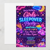 Invitation Neon Glow Girls Sleepover Party Night Slumber (Devant / Derrière)