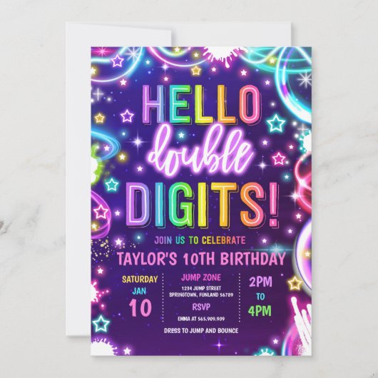 Invitation Neon Glow Hello Double chiffres 10e anniversaire f (Devant)