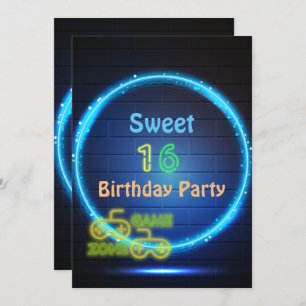 Invitation Neon Glow Jeu Sweet sixteen fête d'anniversaire