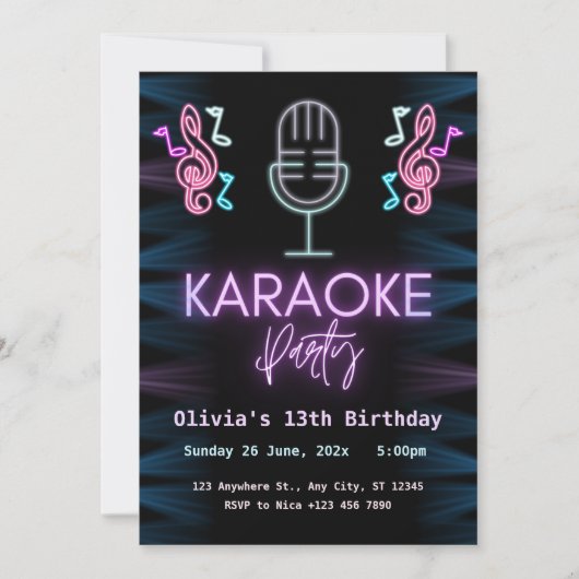 Invitation Neon Glow Karaoke fête d'anniversaire (Devant)