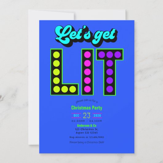 Invitation Neon Glow Let’s Get Lit Retro Christmas Party (Devant)