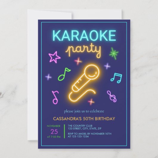 Invitation Neon Glow Music Karaoke Anniversaire (Devant)