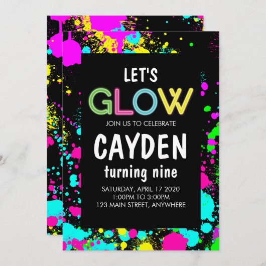 Invitation Neon Glow Paint Splatter Anniversaire (Devant / Derrière)