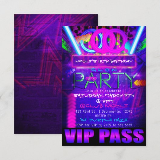 Invitation Neon Glow Party Anniversaire VIP PASS Club Invitat (Devant / Derrière)