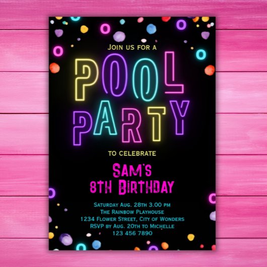 Invitation Neon Glow Pool Filles Pink Purple Anniversaire