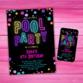Invitation Neon Glow Pool Filles Pink Purple Anniversaire
