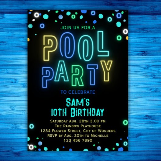 Invitation Neon Glow Pool Party Boys été Anniversaire fête