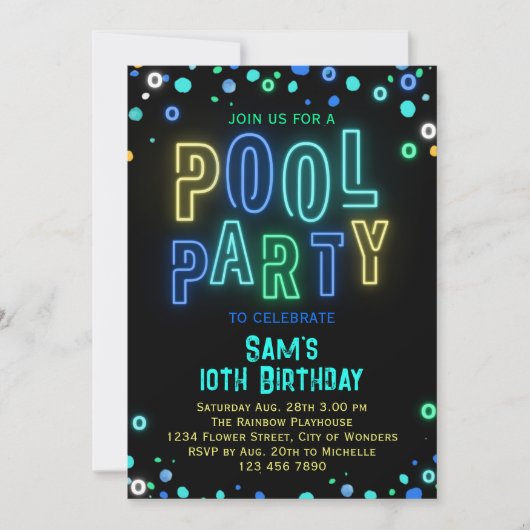 Invitation Neon Glow Pool Party Boys été Anniversaire fête (Devant)