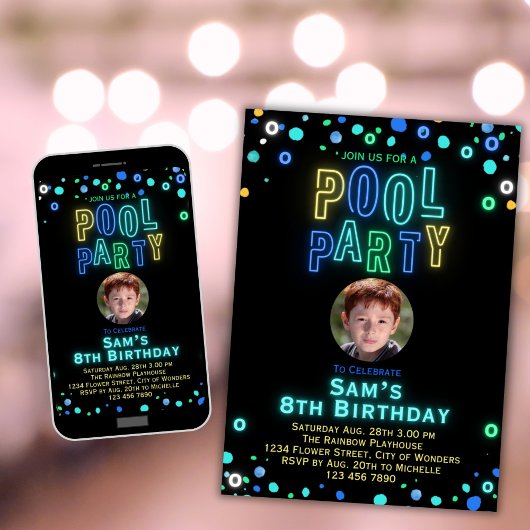 Invitation Neon Glow Pool Party Boys Photo Anniversaire Party