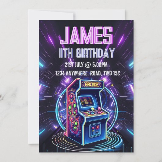 Invitation Neon Glow Retro Arcade Jeu Anniversaire (Devant)