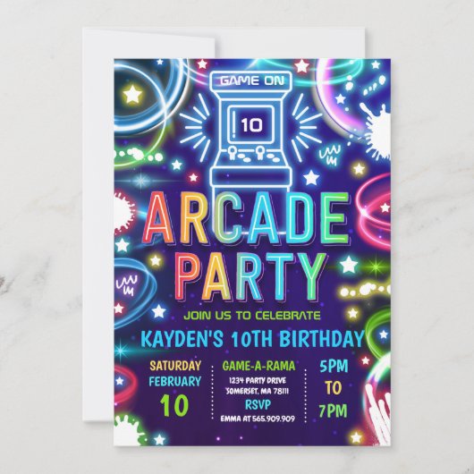 Invitation Neon Glow Retro Arcade Jeu Anniversaire (Devant)