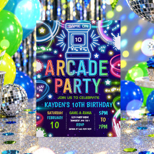Invitation Neon Glow Retro Arcade Jeu Anniversaire