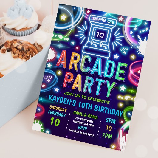 Invitation Neon Glow Retro Arcade Jeu Anniversaire