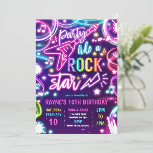 Invitation Neon Glow Rock Star Dance Musique Anniversaire (Debout devant)