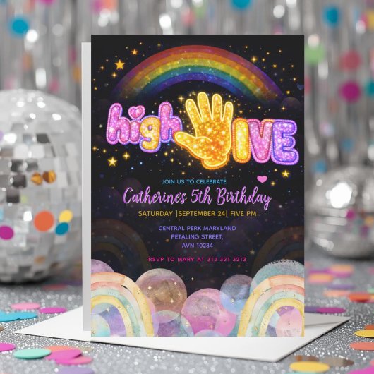 Invitation Neon Glow Sparkle High Five Birthday Party