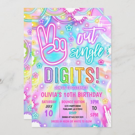 Invitation Neon Glow Tie Dye Peace Out Chiffres simples Anniv (Devant / Derrière)