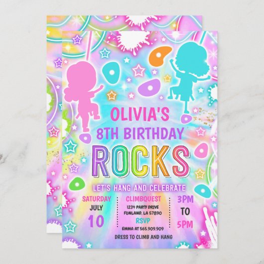 Invitation Neon Glow Tie Dye Rock Escalade fête d'anniversair (Devant / Derrière)