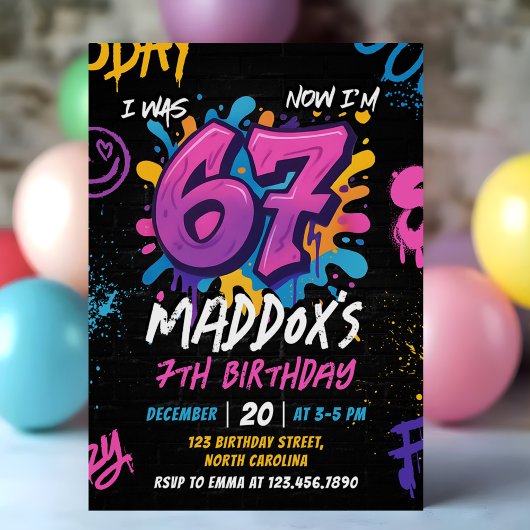 Invitation Neon Graffiti Six Seven Kids 7th Birthday Party
