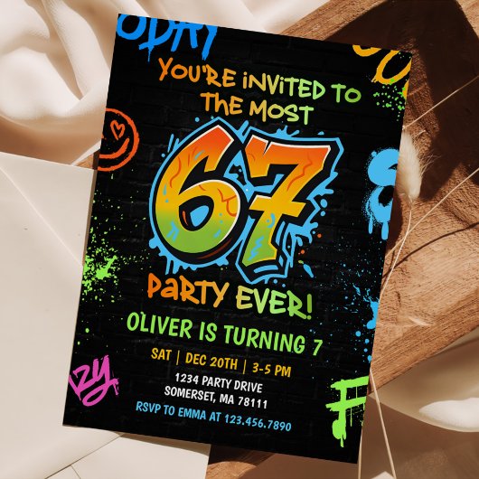 Invitation Neon Graffiti Six Seven Kids 7th Birthday Party