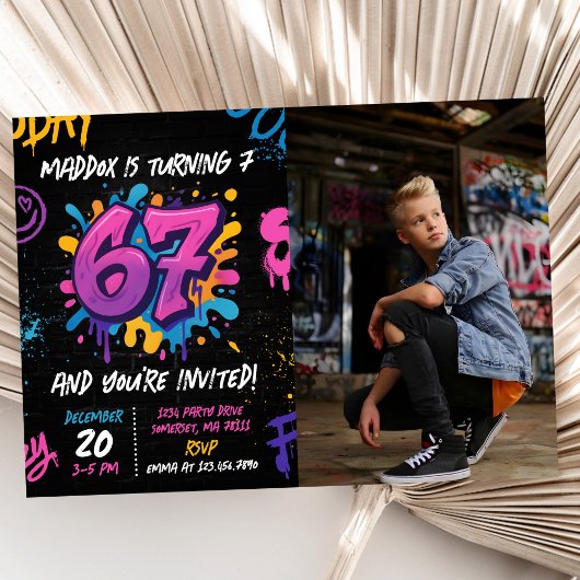 Invitation Neon Graffiti Six Seven Kids 7th Birthday Photo