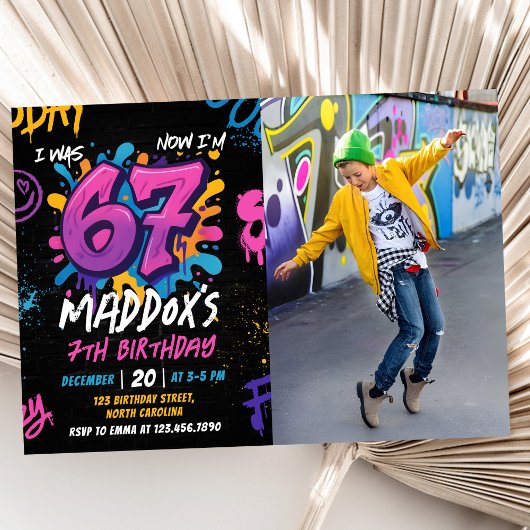 Invitation Neon Graffiti Six Seven Kids 7th Birthday Photo