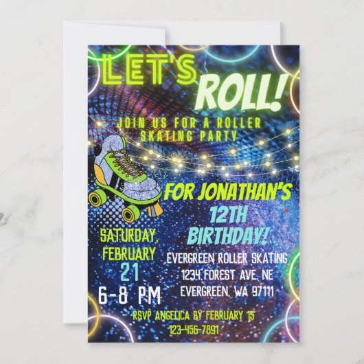 Invitation Neon Green Blue Boy Lets Roller Roller Roller Skat (Devant)