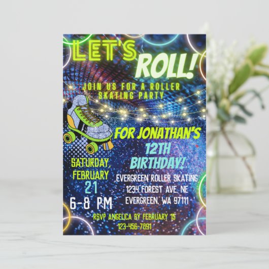 Invitation Neon Green Blue Boy Lets Roller Roller Roller Skat (Debout devant)