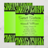 Invitation Neon Green et Black Zebra Bow Sweet 16 Anniversair (Devant / Derrière)
