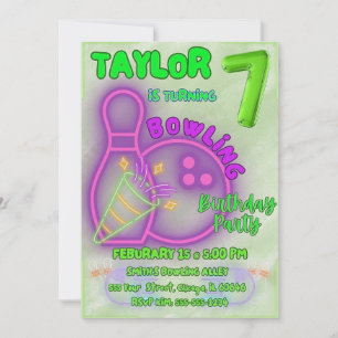 Invitation Neon Green et Purple Kids Bowling Anniversaire