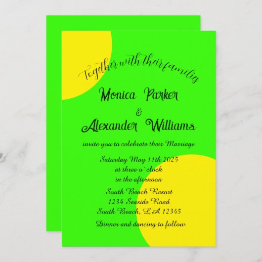 Invitation Neon Green Jaune Bold Moderne Mariage rétro (Devant / Derrière)