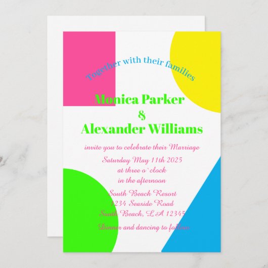 Invitation Neon Green Jaune Rose Bleu Moderne Rétro Mariage I (Devant / Derrière)
