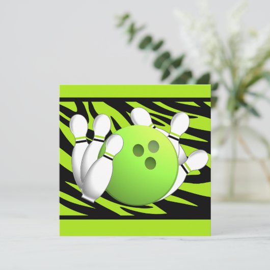 Invitation Neon Green Zebra Stripe Bowling Party (Debout devant)