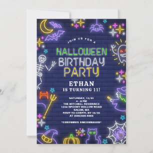 Invitation Neon Halloween 11e fête d'anniversaire
