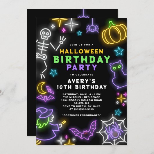 Invitation Neon Halloween Boys 10e Anniversaire Costume Party (Devant / Derrière)