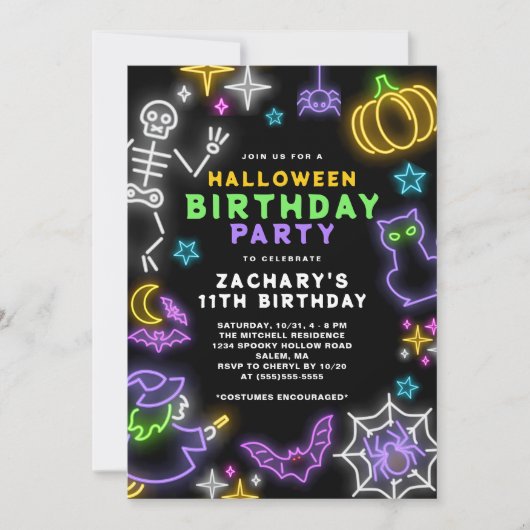 Invitation Neon Halloween Boys 11ème anniversaire Costume Par (Devant)