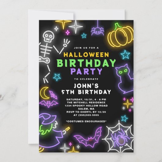 Invitation Neon Halloween Boys 5e Anniversaire Costume Party (Devant)