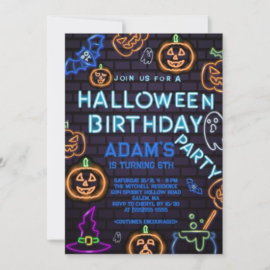 Invitation Neon Halloween fête d'anniversaire (Devant)