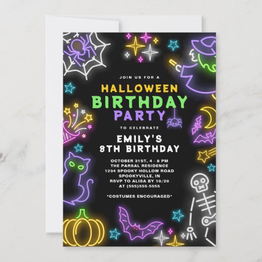 Invitation Neon Halloween Girls 8e Anniversaire Costume Party (Devant)