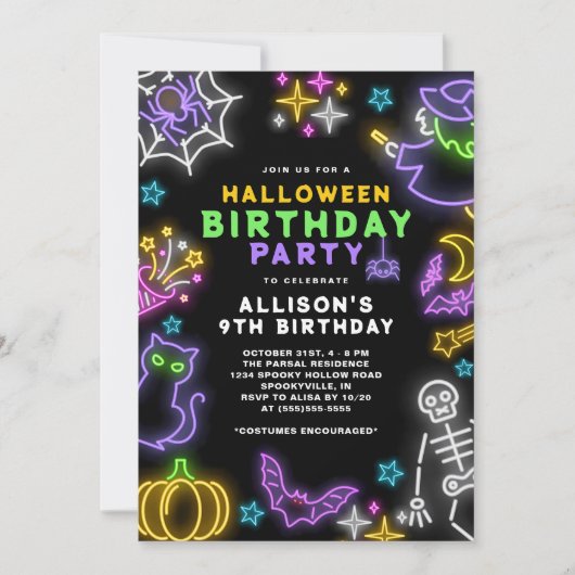 Invitation Neon Halloween Girls 9e Anniversaire Costume Party (Devant)