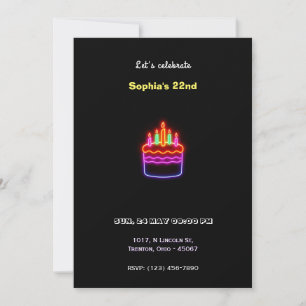 Invitation Neon Happy Birthday Cake Design - Amusant et animé