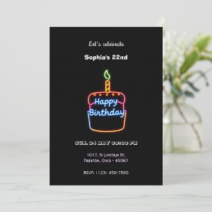 Invitation Neon Happy Birthday Cake Design - Amusant et animé