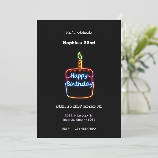 Invitation Neon Happy Birthday Cake Design - Amusant et animé
