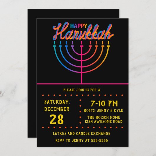 Invitation Neon Happy Hanoukka Menorah (Devant / Derrière)