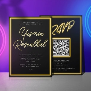Invitation Neon Jaune Lumières Noir moderne RSVP Anniversaire