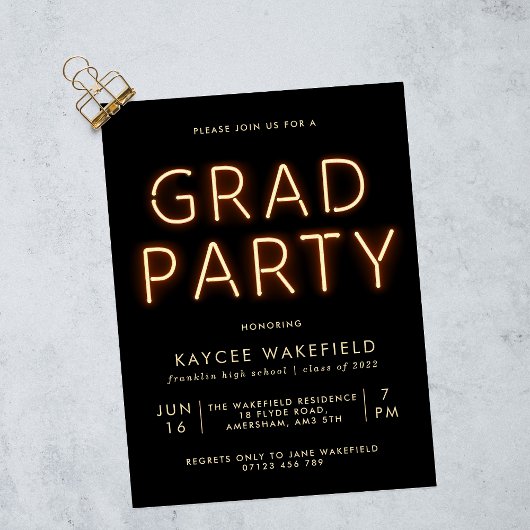 Invitation Neon Lights Black Photo Grad Party