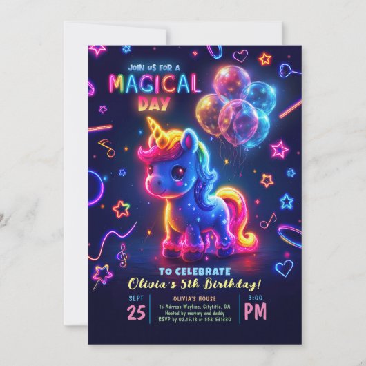 Invitation Neon Lights brillant amusant Unicorn Anniversaire (Devant)