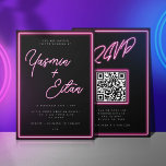 Invitation Neon Lights Hot rose noir Mariage de code QR<br><div class="desc">Faites sien votre mariage avec ces invitations cool de JessicaAmber. Cette carte contient un script de néon rose chaud pour les noms du couple marié. Le lettrage blanc moderne expose les détails du mariage, y compris l'emplacement, la date et l'heure. Au verso se trouve un code QR qui peut être...</div>