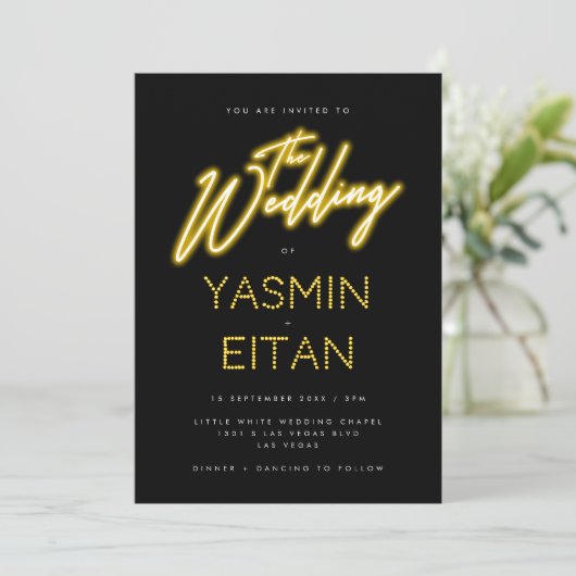 Invitation Neon Lights Jaune Noir Décontracté Mariage (Debout devant)