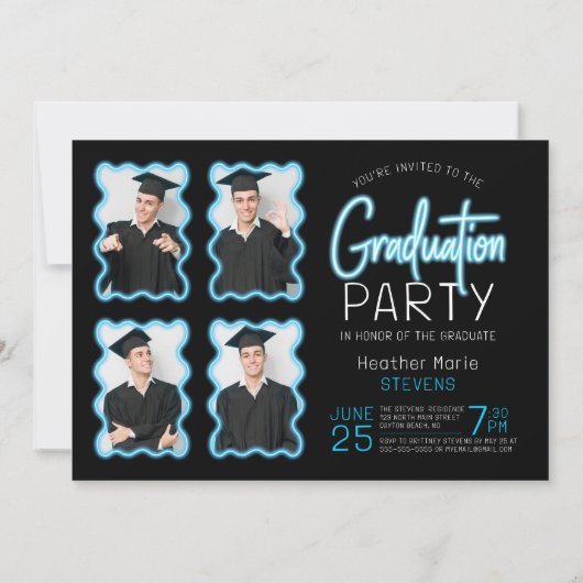 Invitation Neon Llow Wavy Frontière Photo Party Graduation (Dos)