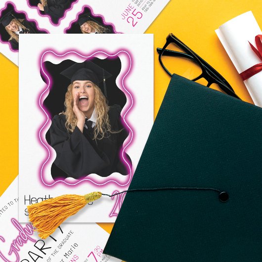 Invitation Neon Llow Wavy Frontière Photo Party Graduation